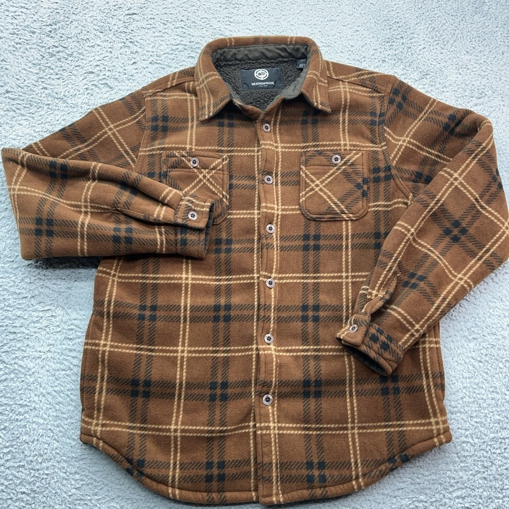 Weatherproof Sherpa Lined Shacket Mens M Brown Plaid Flannel Shirt Jacket Grunge